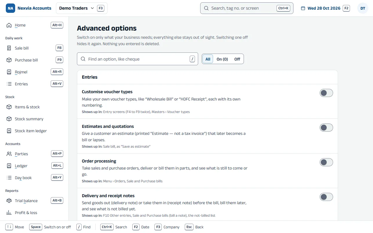 Screenshot of Advanced options in the app, with sample data