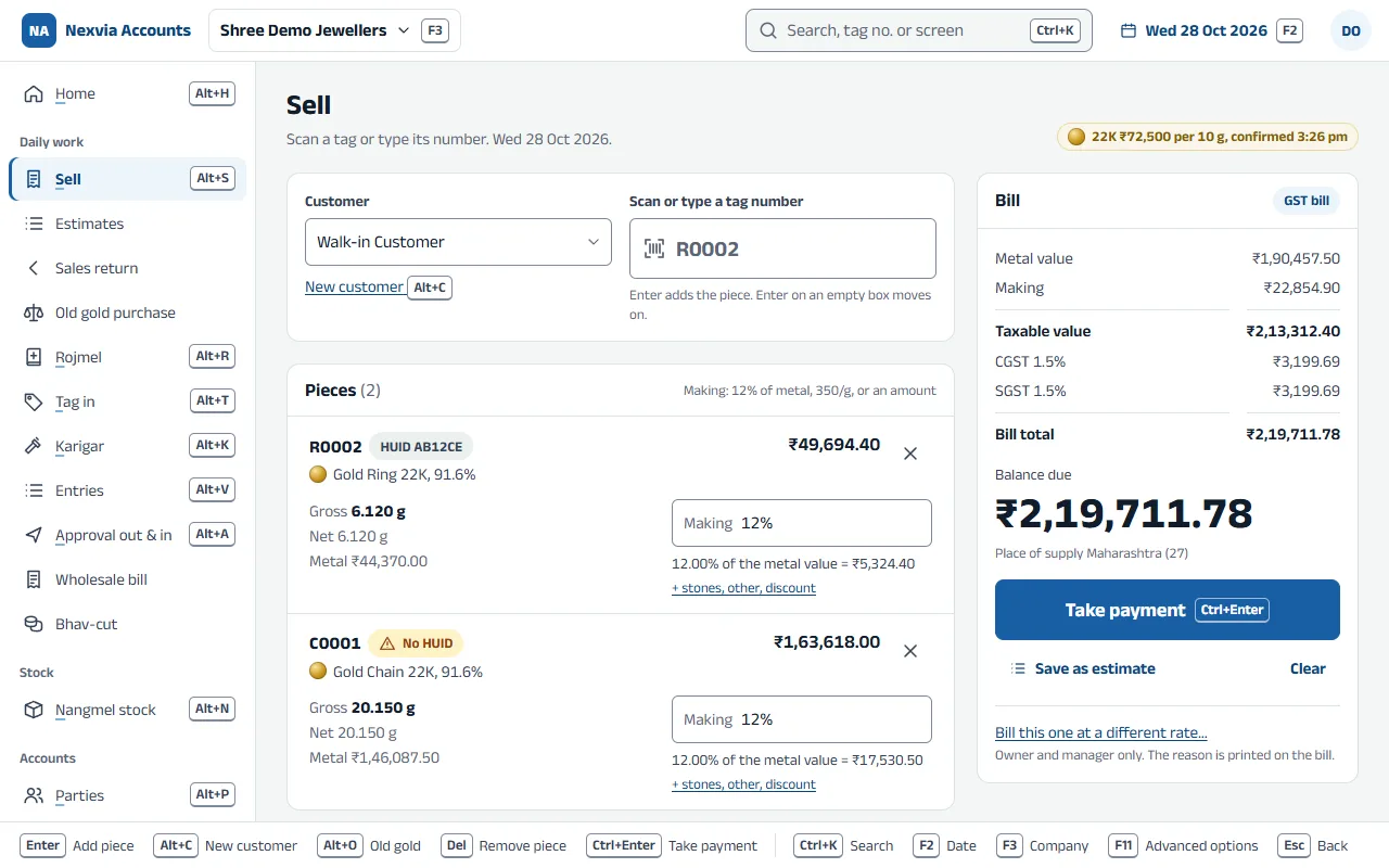 Screenshot of the counter bill in the app, with sample data